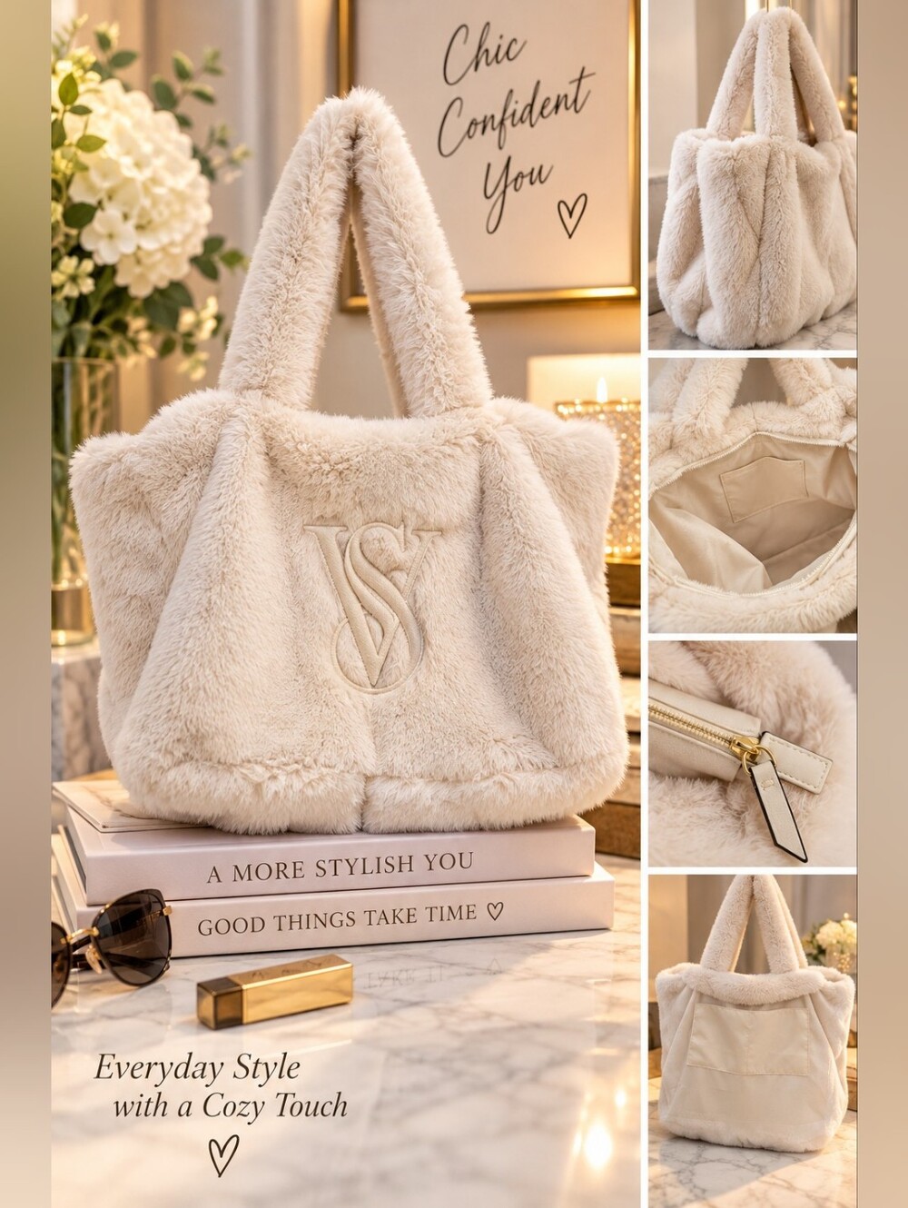 Victoria’s Secret Cream Faux Fur Plush Tote Bag Cozy Shoulder Bag